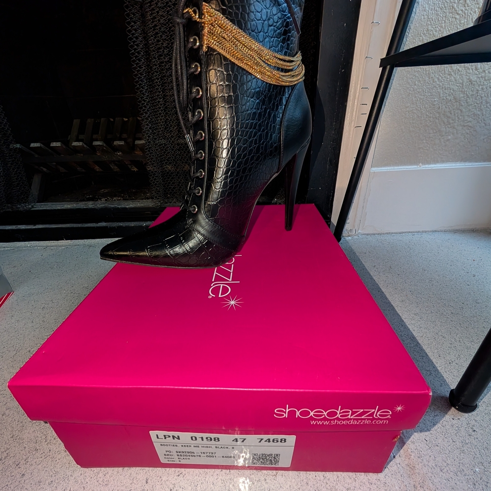 Shoe Dazzle Black Croc-Embossed Lace-Up Stiletto Booties with Gold Chain Fringe - Picture 2 of 5